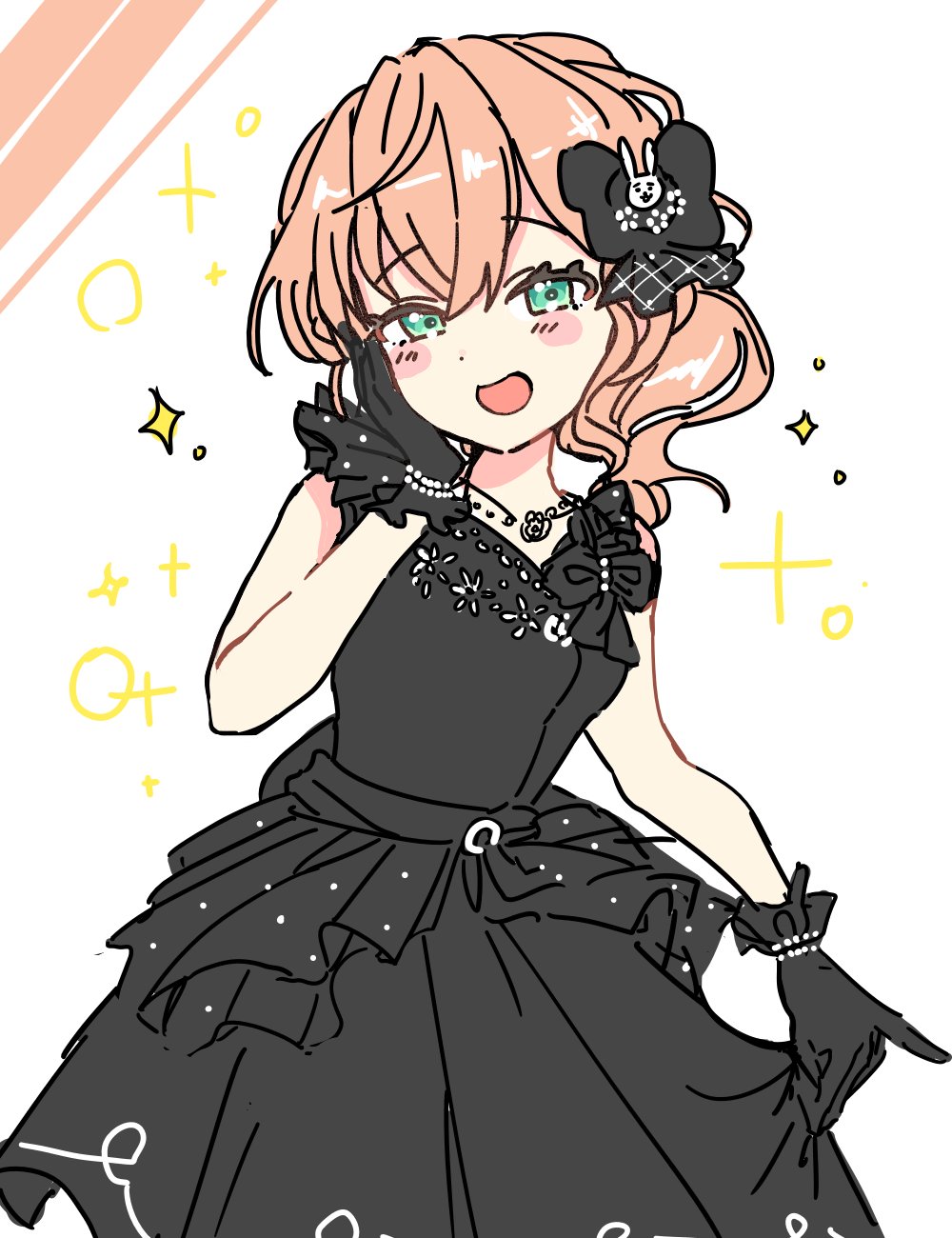 1girl, :d, bare_shoulders, black_bow, black_dress, black_gloves, blush, bow