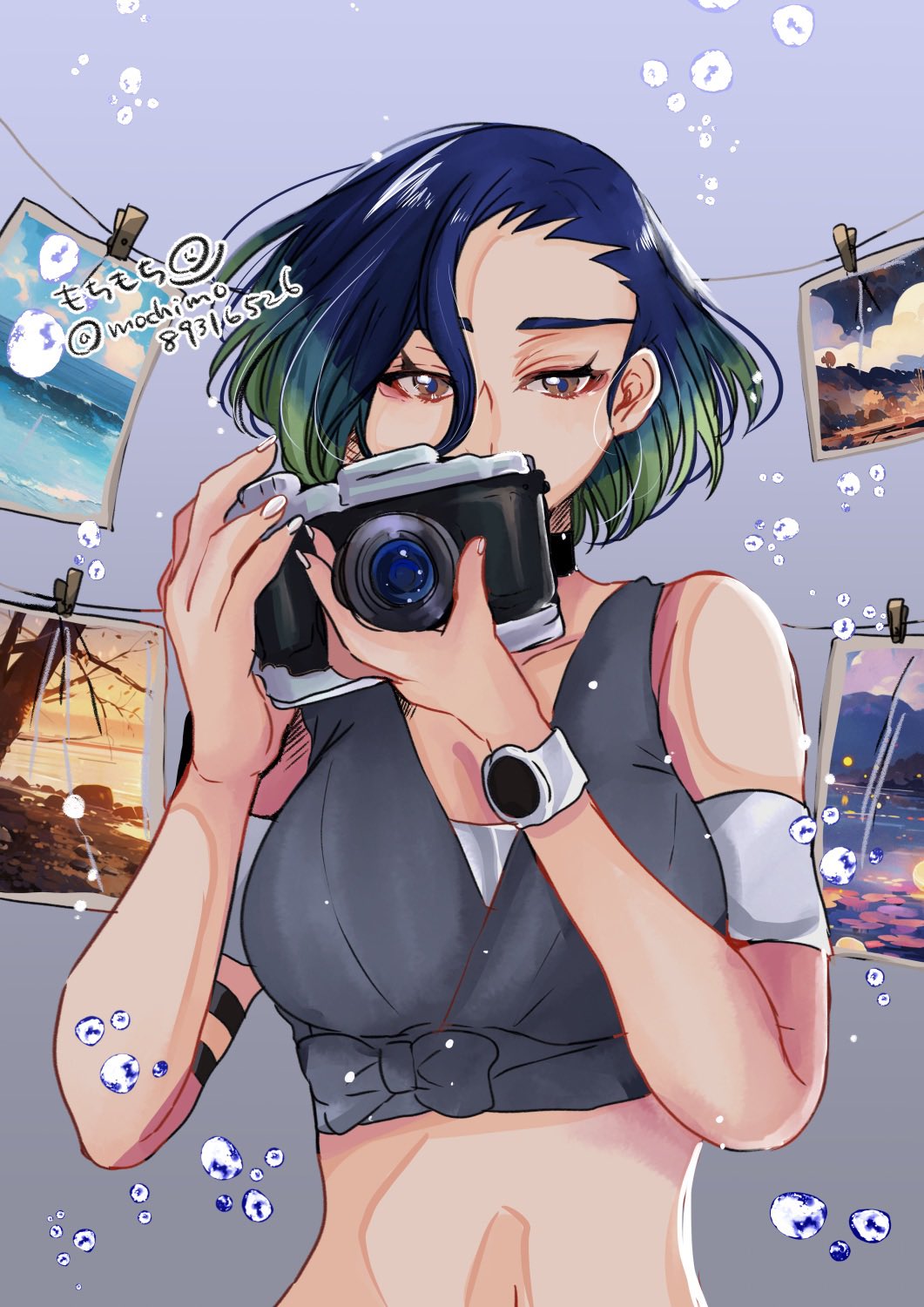 1girl, armband, artist_name, bare_shoulders, black_armband, black_choker, blue_hair, bob_cut