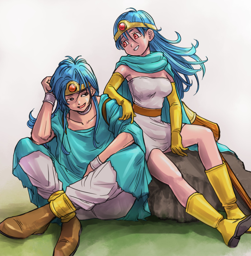 1boy, 1girl, absurdres, aqua_cape, aqua_tunic, arm_on_another's_shoulder, belt, black_eyes