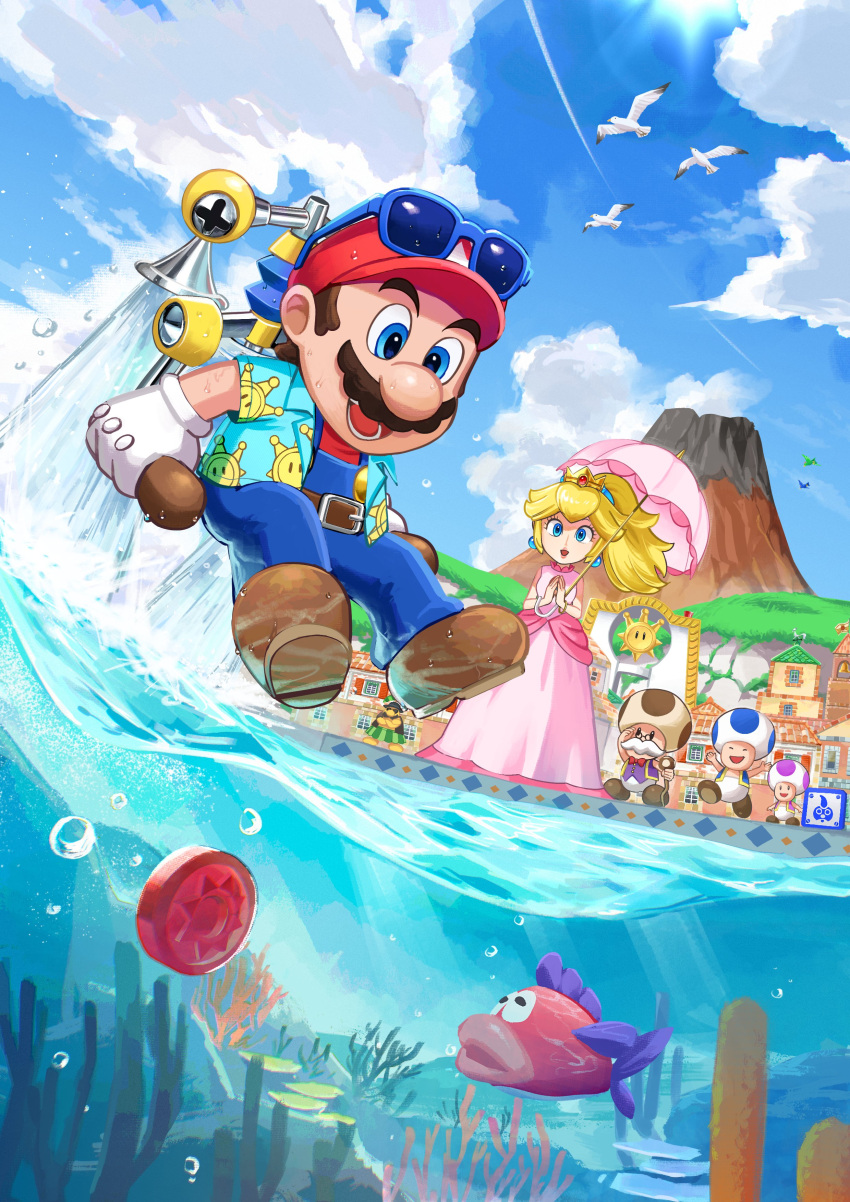 1girl, 4boys, absurdres, bird, blue-framed_eyewear, blue_eyes, blue_overalls, blue_shirt