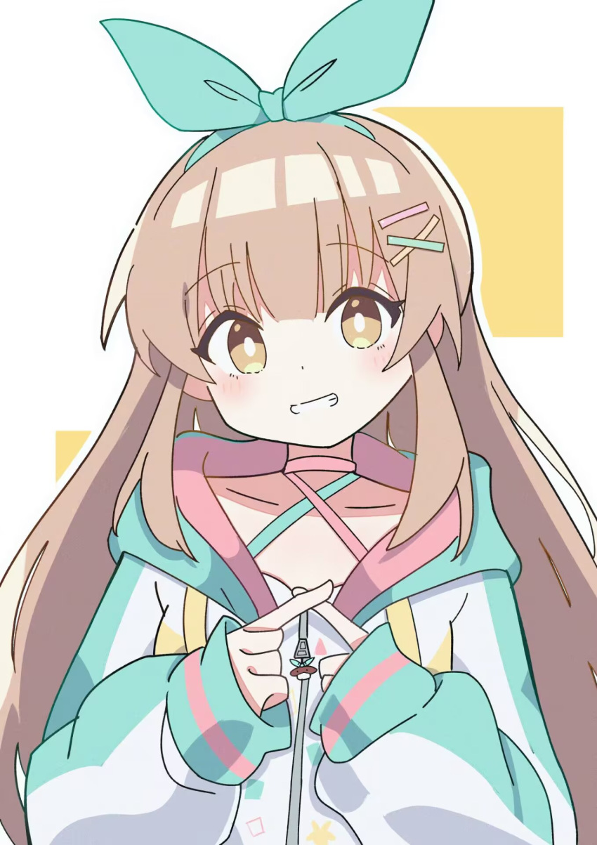 1girl, black201_wav, blush, bow, brown_hair, crossed_fingers, dress, green_bow