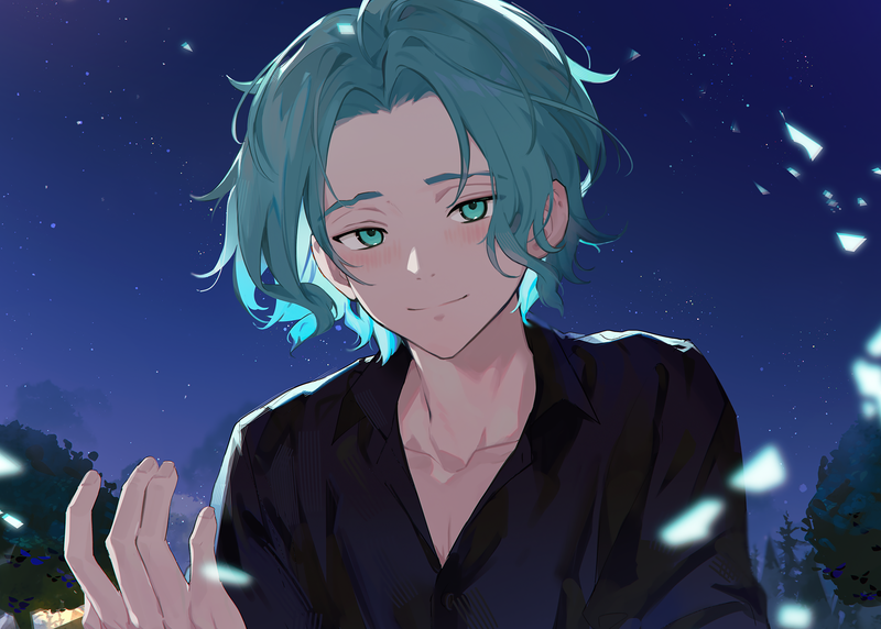 1boy, black_shirt, blue_sky, blurry_edges, collarbone, cove_holden, curtained_hair, falling_petals
