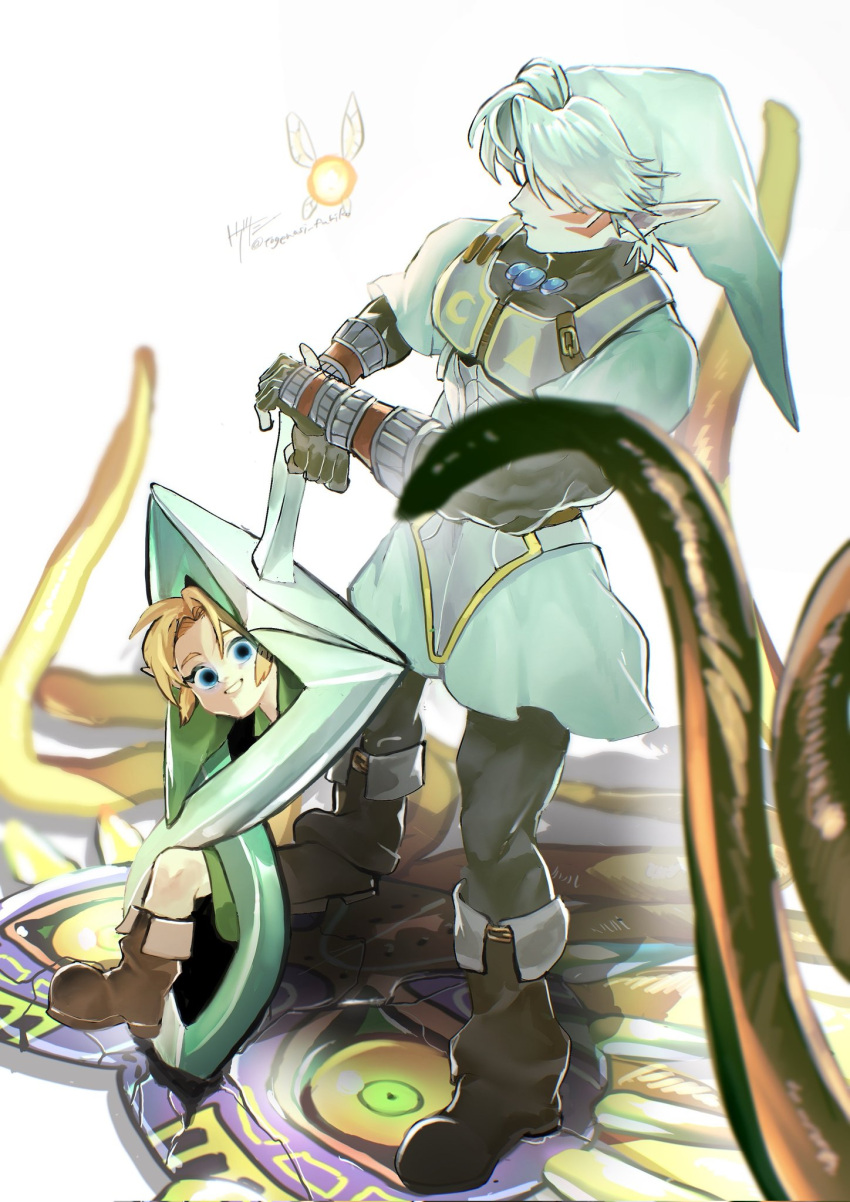 2boys, alternate_weapon, blonde_hair, dark_persona, double_helix, facial_tattoo, fairy, fierce_deity
