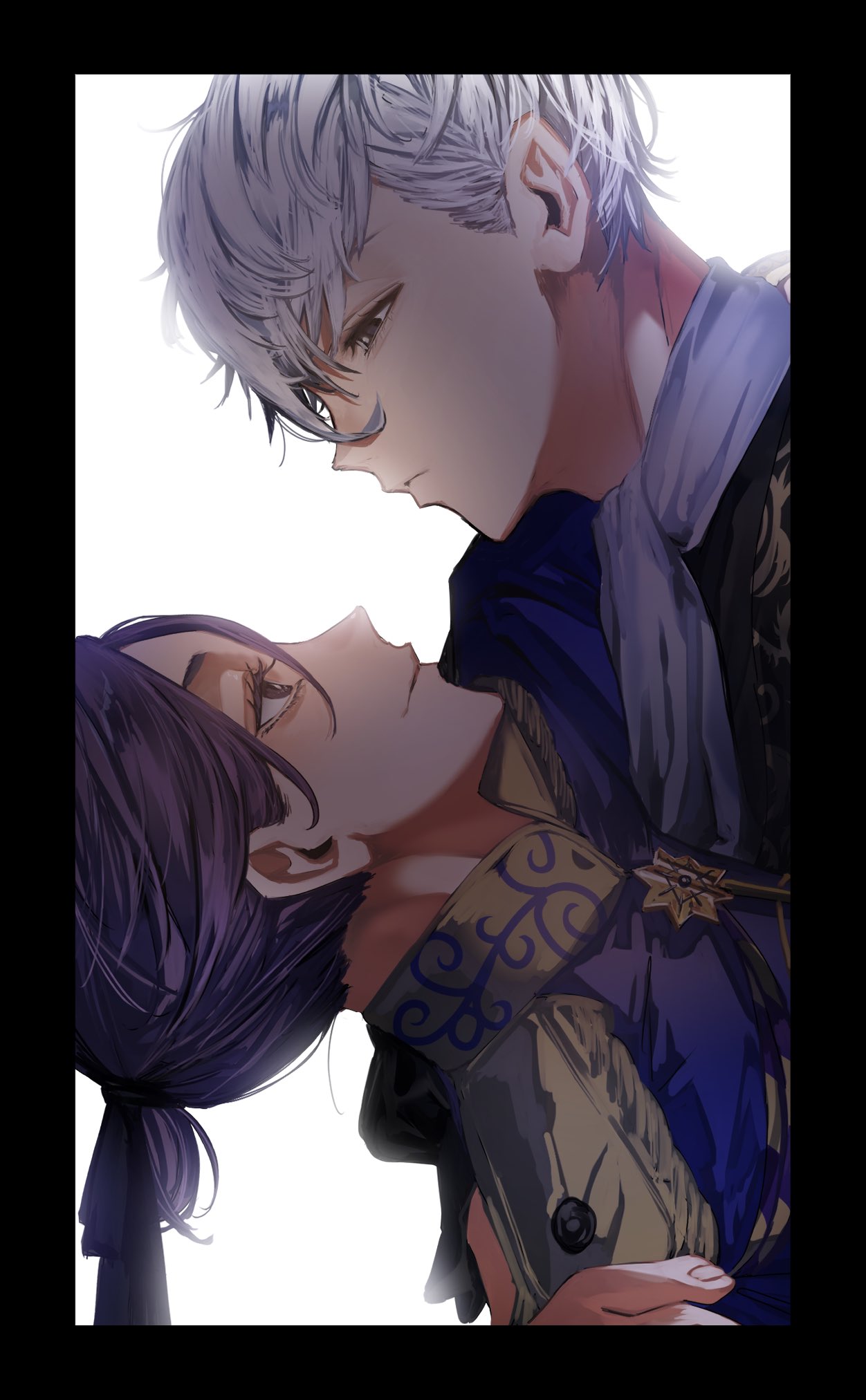 2boys, alternate_costume, bishounen, black_border, black_eyes, blue_lock, border, closed_mouth