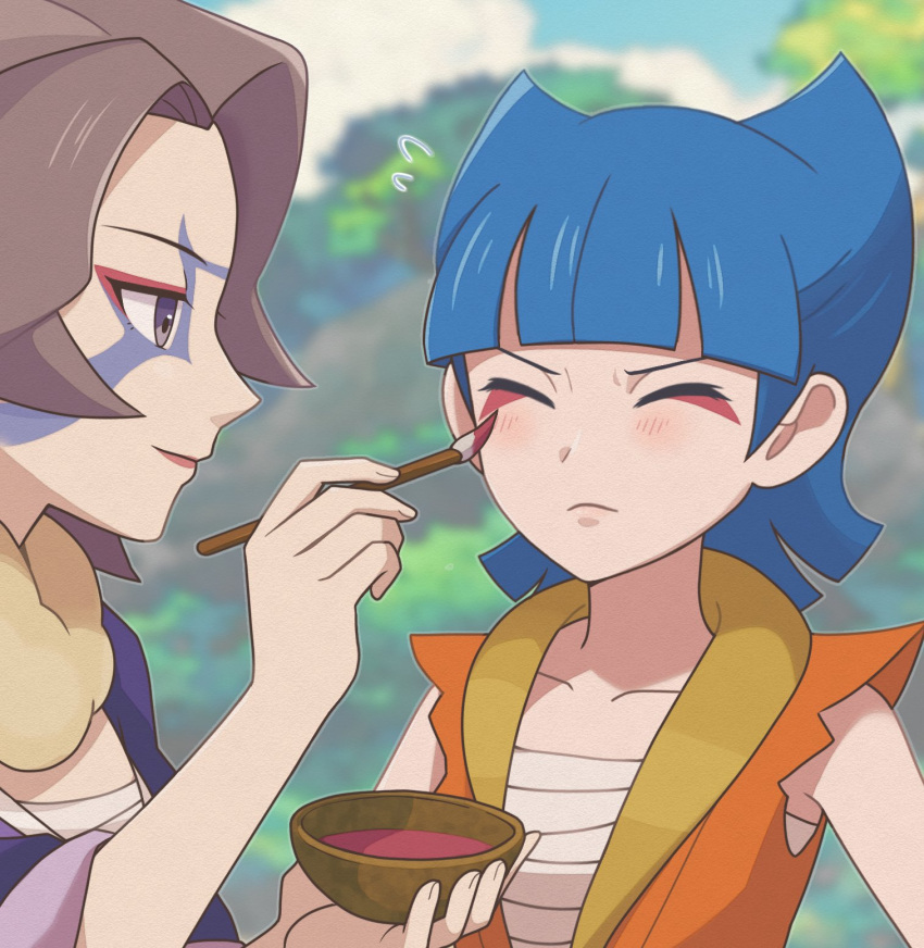 2girls, bandaged_chest, blue_hair, blurry, blurry_background, bowl, brown_hair, charm_(pokemon)