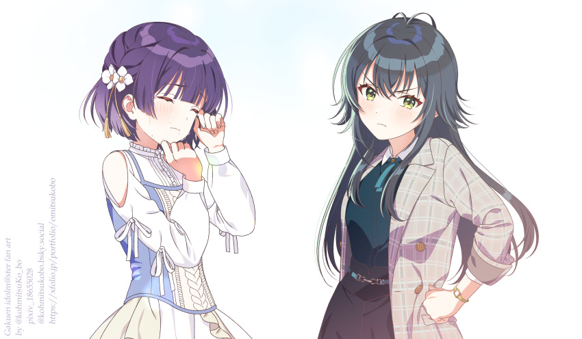 2girls, absurdres, annoyed, averting_eyes, black_skirt, blush, clenched_hand, clothing_cutout