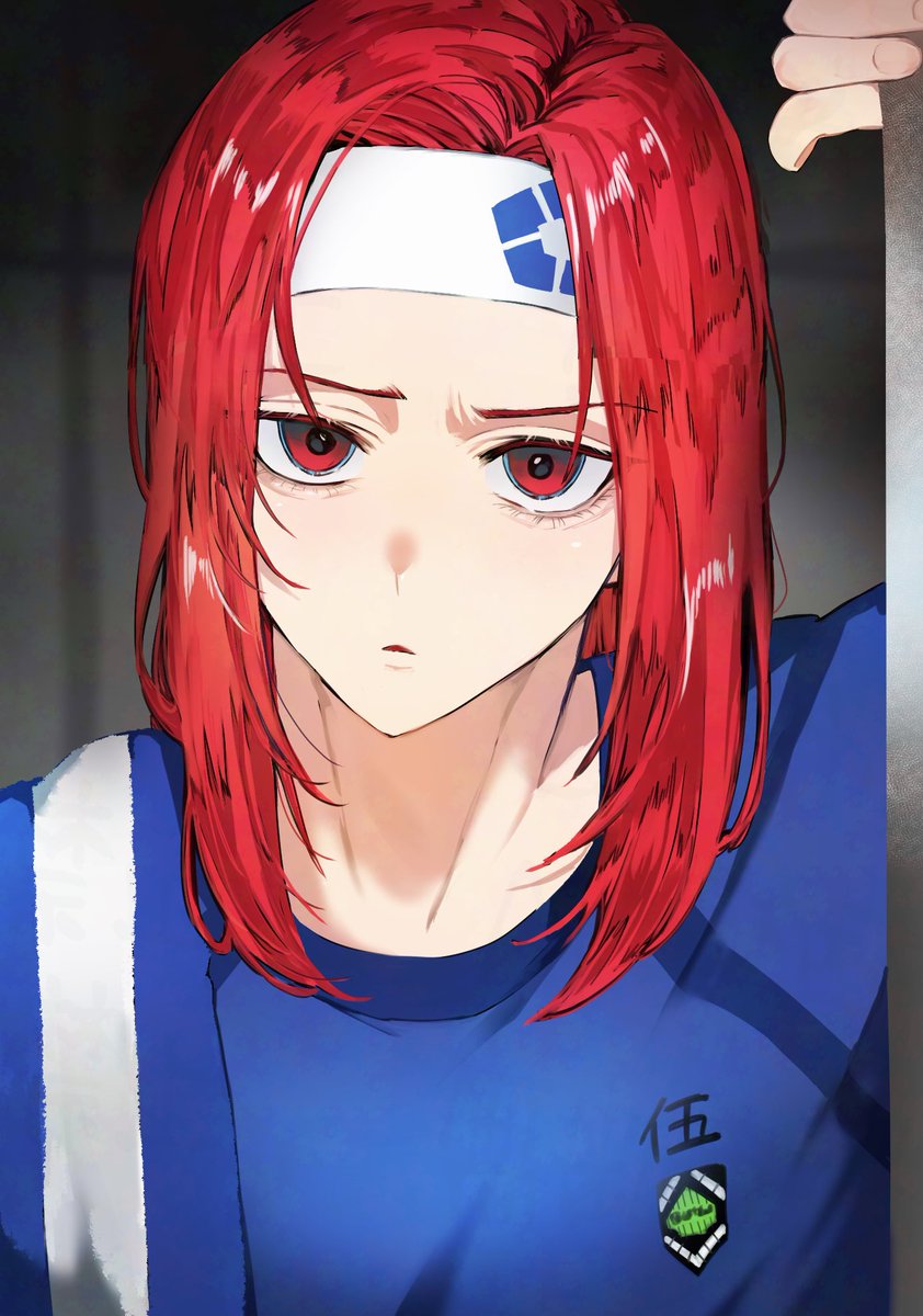 1boy, blue_lock, blue_shirt, chigiri_hyoma, commentary_request, headband, highres, long_hair