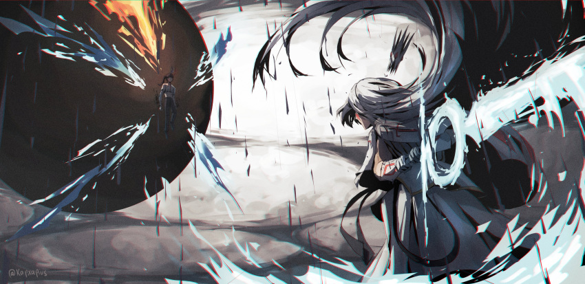 2boys, absurdres, belt, blood, brown_hair, capelet, clenched_hands, clouds, crown, energy_sword, energy_wings, facepaint, facial_mark, fighting_stance, floating, hairband, highres, holding, holding_sword, holding_weapon, horns, kapxapius, long_hair, looking_at_another, multiple_boys, orb, original, pants, ponytail, rain, robe, shirt, sword, torn_clothes, torn_shirt, tower_of_god, twenty-fifth_bam, weapon, white_(tower_of_god), white_hair, white_robe, white_shirt, wings