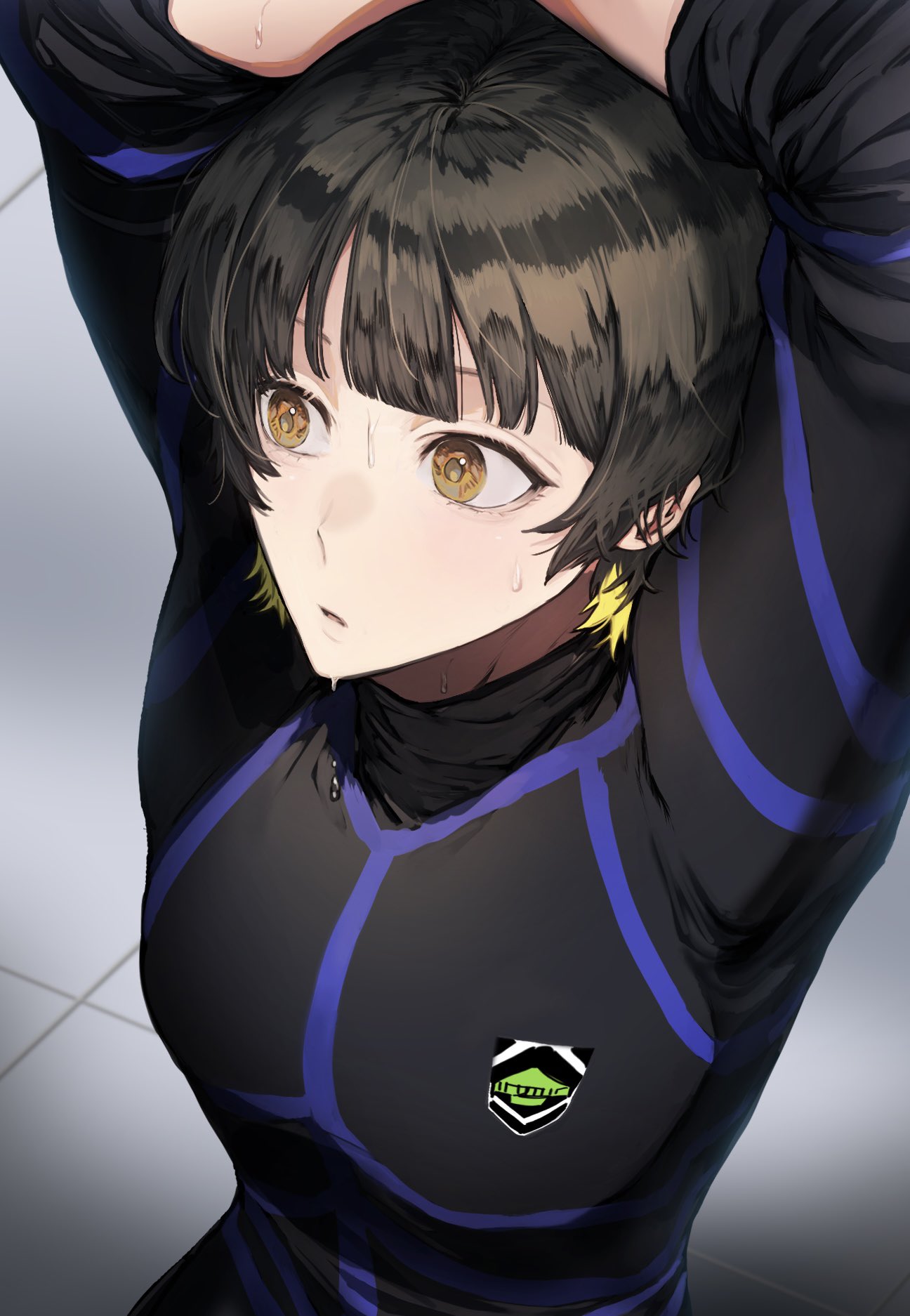1boy, arms_up, bachira_meguru, black_hair, blonde_hair, blue_lock, blue_lock_bodysuit, commentary_request