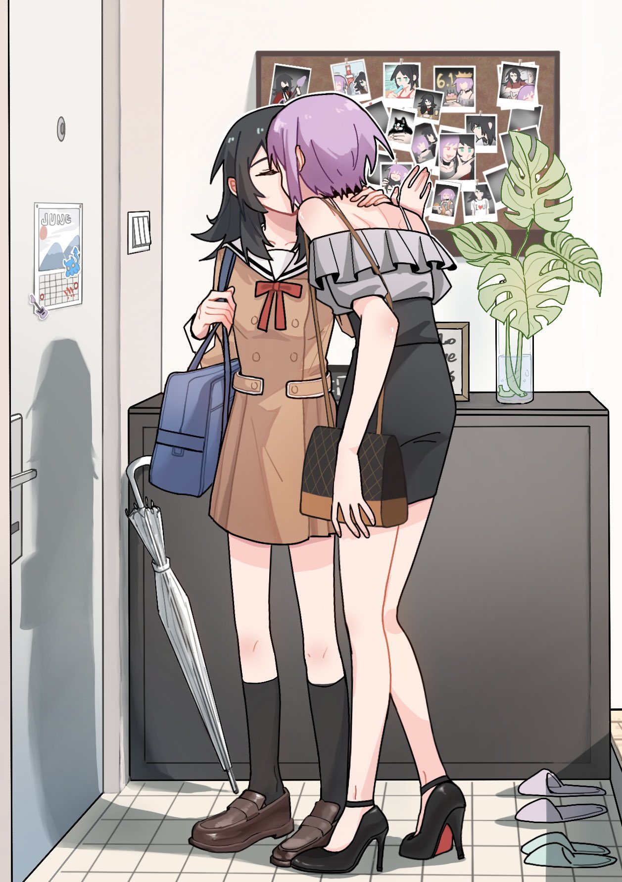 2girls, bag, bang_dream!, bang_dream!_it's_mygo!!!!!, black_hair, black_shoes, black_skirt, black_socks