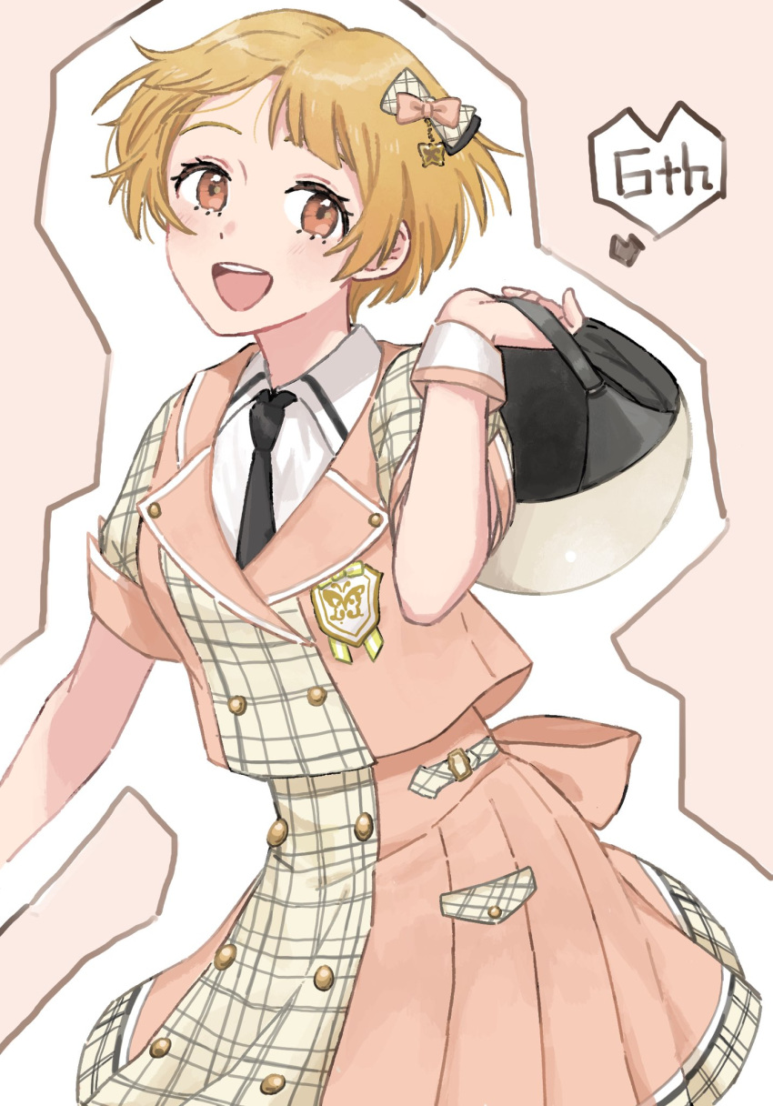 1girl, :d, anniversary, black_necktie, blonde_hair, bow, buttons, chin_strap
