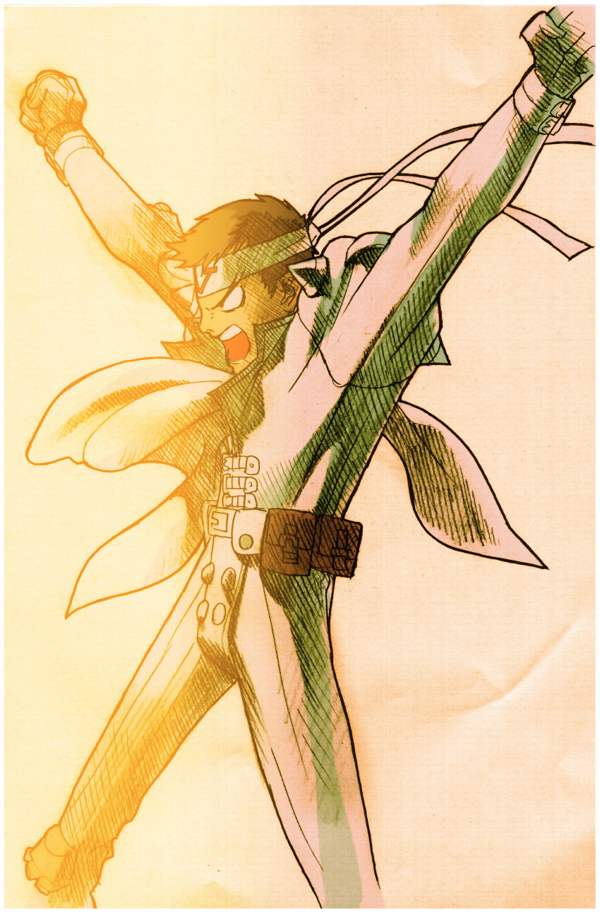 1boy, absurdres, angry, arms_up, bengus, brown_eyes, brown_hair, capcom