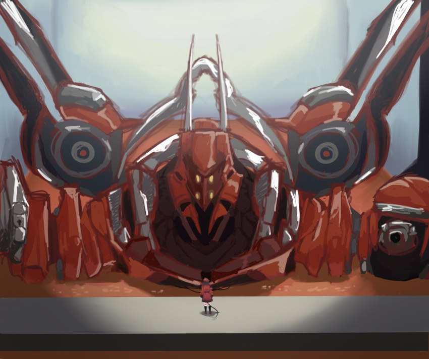 1boy, full_body, highres, holostars, holostars_english, humanoid_robot, indoors, jacket, looking_at_viewer, machina_x_flayon, mecha, pandagyarl7878, r-trus_(machina_x_flayon), red_hair, red_jacket, robot, science_fiction, short_hair, size_difference, solo, tail