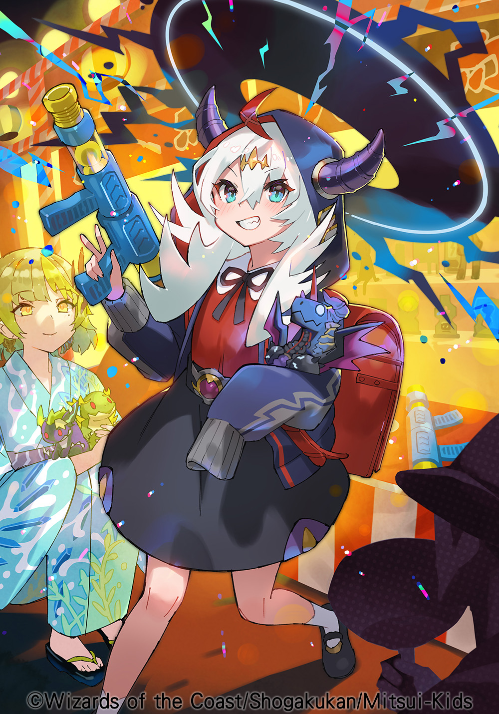 2girls, ahoge, backpack, bag, black_halo, black_hoodie, black_ribbon, black_shoes