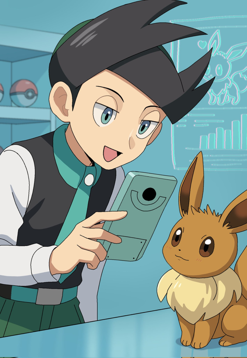 1boy, :d, belt, belt_buckle, black_vest, buckle, eevee, green_eyes