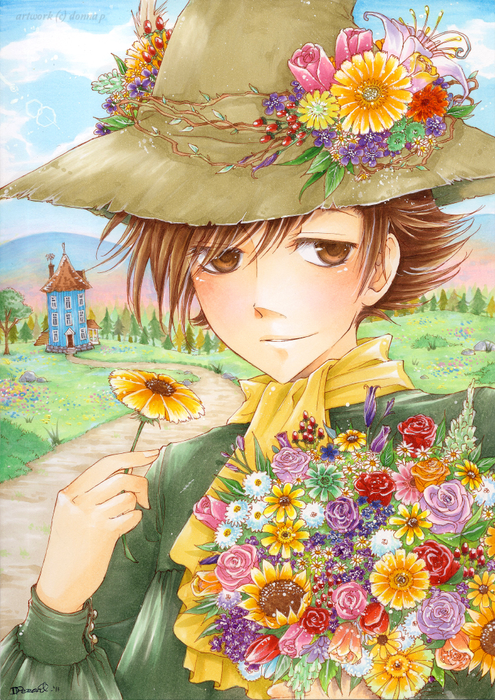 bouquet, brown_eyes, brown_hair, bust, dark-persian, flower, hat, hat_flower