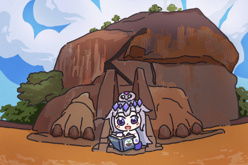 1girl, 1other, animal_hands, bing_huyue, blush_stickers, book, chest_jewel, chibi, clouds, cloudy_sky, commentary, english_commentary, fortress, gem, gem_hair_ornament, hair_flaps, hand_jewel, highres, hololive, hololive_english, koseki_bijou, koseki_bijou_(1st_costume), long_hair, open_mouth, pebble_(koseki_bijou), purple_gemstone, purple_hair, purple_shoes, real_world_location, rock, shoes, sigiriya, sitting, sky, sri_lanka, violet_eyes, virtual_youtuber