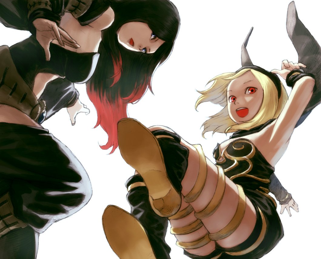 2girls, :d, arm_warmers, bare_hips, bare_shoulders, belt, black_hair, blonde_hair, blue_eyes, breasts, crow_(gravity_daze), dark-skinned_female, dark_skin, forehead, from_below, gold_vambraces, gravity_daze, hairband, high_heels, kitten_(gravity_daze), leg_warmers, leotard, long_hair, multicolored_hair, multiple_girls, narisokonai, navel, open_mouth, red_eyes, red_hair, shoes, simple_background, small_breasts, smile, stomach, teeth, tongue, two-tone_hair, upper_teeth_only, vambraces, white_background, wristband