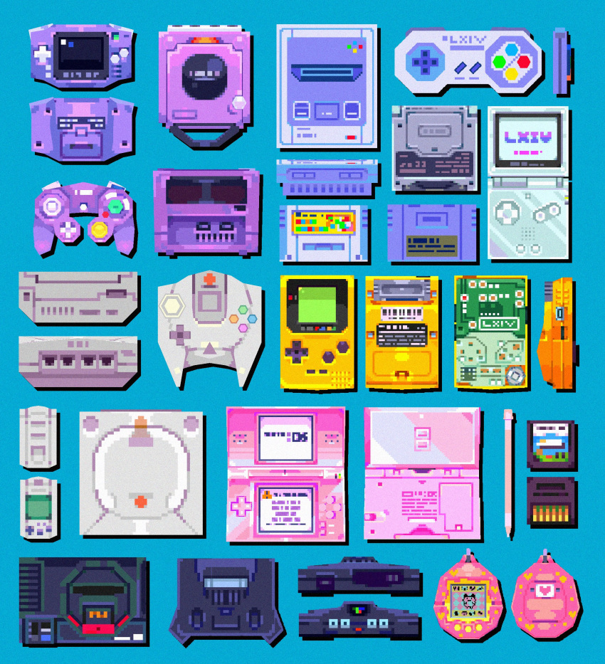 3d, absurdres, blue_background, circuit_board, commentary, dreamcast_controller, english_commentary, game_boy