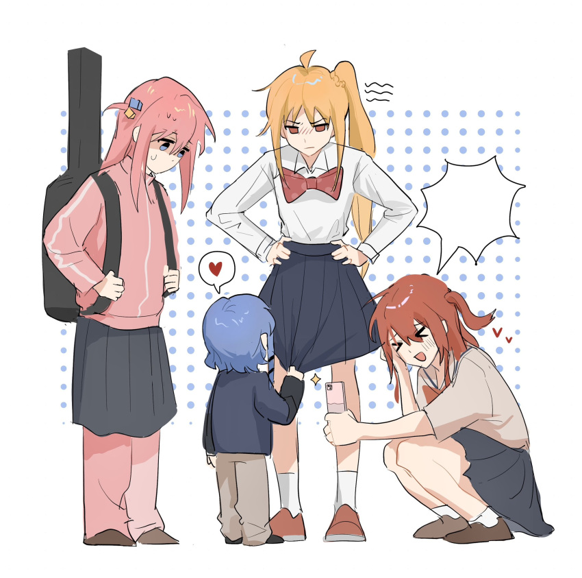 >_<, 4girls, aged_down, black_shirt, black_skirt, blonde_hair, blue_eyes, blue_hair, bocchi_the_rock!, bow, bowtie, brown_cardigan, cardigan, cellphone, child, clothes_pull, cube_hair_ornament, gotoh_hitori, hair_ornament, hairclip, hand_on_own_face, hands_on_own_hips, heart, highres, holding, holding_phone, ijichi_nijika, instrument_case_on_back, kessoku_band, kita_ikuyo, kneeling, long_hair, medium_hair, multiple_girls, neckerchief, one_side_up, phone, pink_hair, pink_track_suit, pleated_skirt, polka_dot, polka_dot_bow, puppy_wooow, red_bow, red_bowtie, red_eyes, red_hair, red_neckerchief, school_uniform, shirt, shuka_high_school_uniform, side_ahoge, side_ponytail, skirt, skirt_pull, smartphone, spoken_heart, track_suit, white_shirt, yamada_ryo