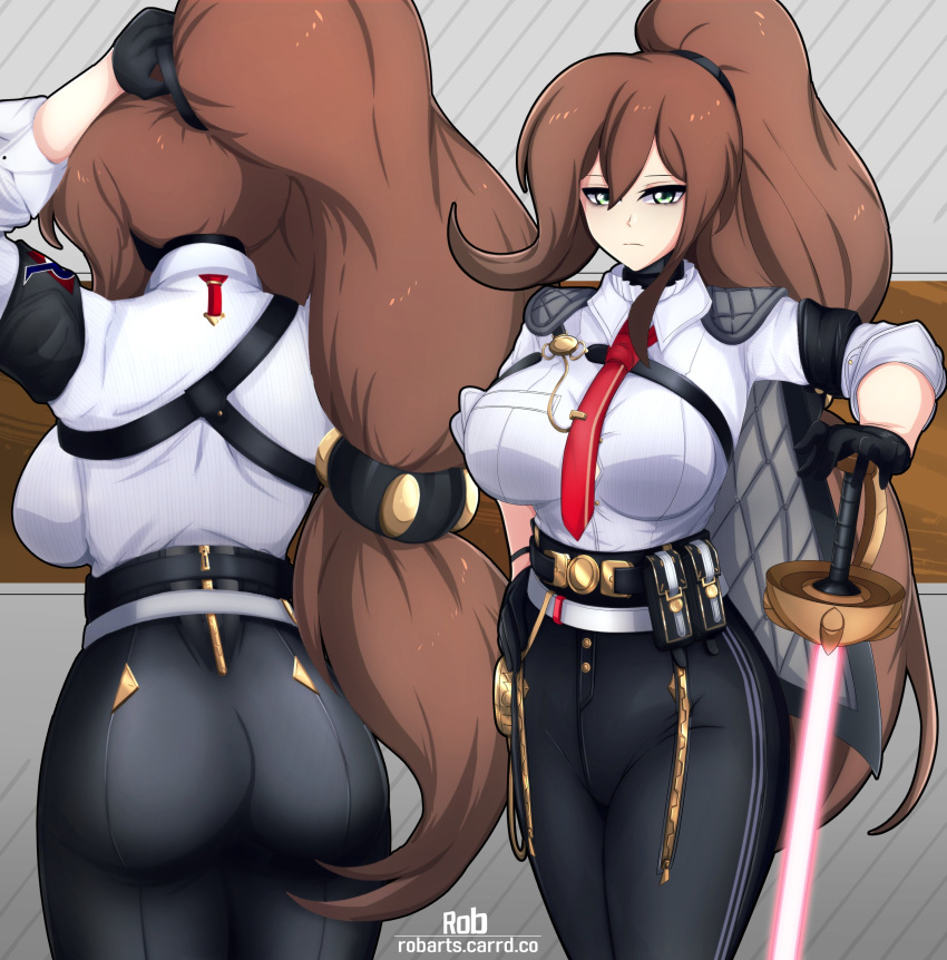 1girl, absurdres, adjusting_hair, armband, artist_logo, ass, axasempai, back, black_armband, black_choker, black_gloves, black_jacket, black_pants, breast_pocket, breasts, button_gap, chest_harness, choker, closed_mouth, collared_shirt, cosplay, energy_sword, frilled_shirt_collar, frills, gloves, green_eyes, hair_between_eyes, hair_ornament, hand_on_own_hip, hand_to_blade, harness, high-waist_pants, high_ponytail, highres, iris_(mega_man), iris_-another-_(mega_man), jacket, jacket_on_shoulders, jewelry, large_breasts, logo, long_hair, looking_at_viewer, low-tied_long_hair, mega_man_(series), mega_man_x_(series), mega_man_x_dive, necktie, pants, pocket, ponytail, rapier, red_necktie, shirt, solo, solo_focus, sword, tight_clothes, tight_pants, two-tone_background, very_long_hair, weapon, white_shirt, wuthering_waves, zani_(wuthering_waves), zani_(wuthering_waves)_(cosplay)