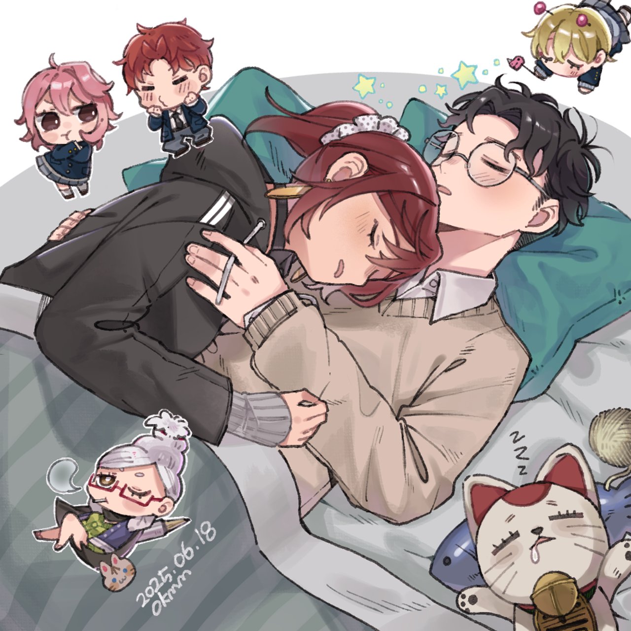 2boys, 4girls, :t, antennae, ayase_momo, ayase_seiko, beehive_hairdo, bell, black_hair, black_hoodie, black_jacket, blanket, blonde_hair, blush, brown_eyes, brown_sweater, chestnut_mouth, chibi, chibi_inset, cigarette, closed_eyes, collared_shirt, comimingming, couple, dandadan, dated, dress, drooling, enjoji_jin, fish-shaped_pillow, glasses, green_dress, grey_hair, grey_pants, head_on_another's_chest, hetero, highres, hood, hoodie, jacket, long_sleeves, lying, lying_on_person, maneki-neko, messy_hair, multiple_boys, multiple_girls, neck_bell, o3o, on_back, on_stomach, open_mouth, pants, pillow, pink_hair, ponytail, red-framed_eyewear, red_hair, semi-rimless_eyewear, shiratori_aira_(dandadan), shirt, sleeping, smoking, sweater, sweater_vest, takakura_ken_(dandadan), turbo_granny_(dandadan), vamola_(dandadan), yarn, yarn_ball, zzz