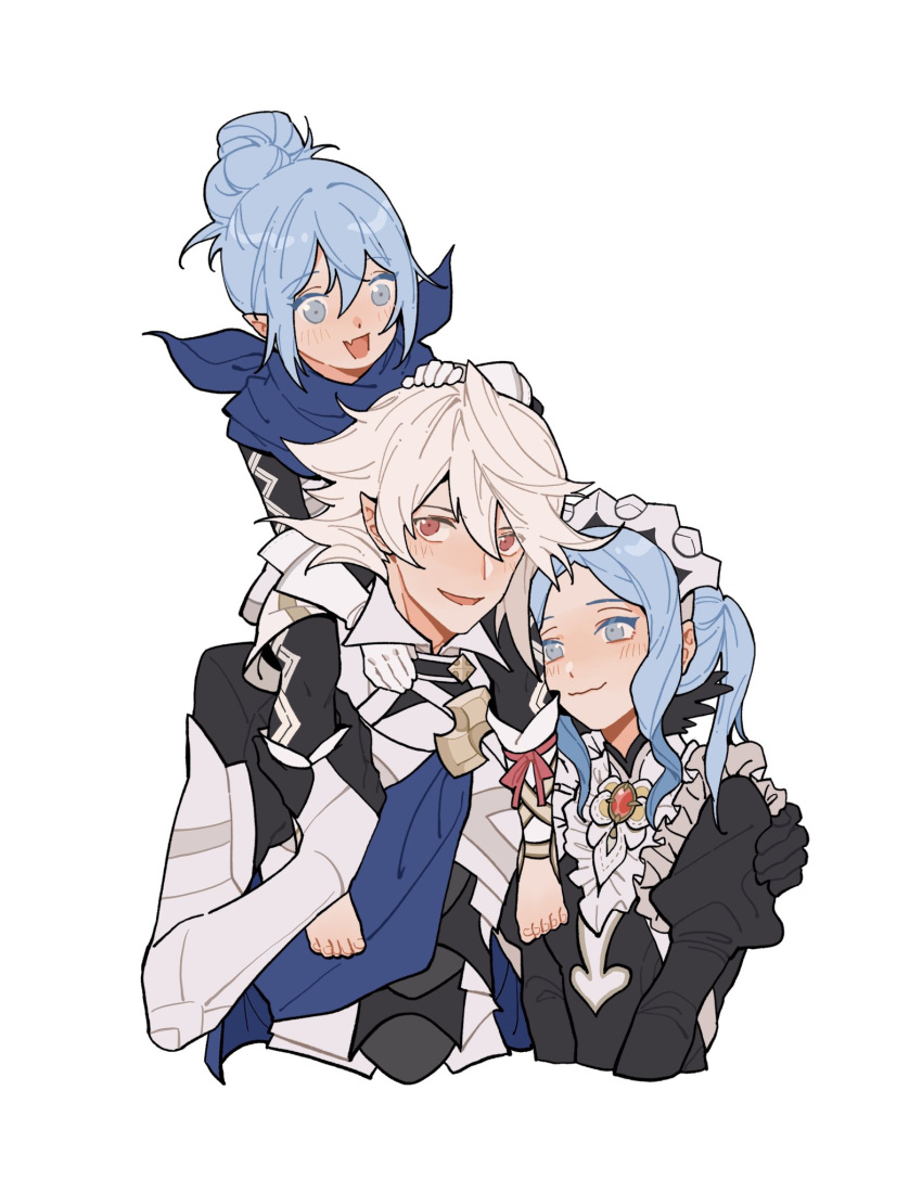 1boy, 2girls, armor, barefoot, black_dress, blue_eyes, blue_hair, blue_scarf, brooch, carrying, carrying_person, child, commentary, commission, dress, english_commentary, fang, father_and_daughter, female_kana_(fire_emblem), fire_emblem, fire_emblem_fates, flora_(fire_emblem), grey_hair, hair_between_eyes, hair_bun, hand_on_another's_shoulder, highres, husband_and_wife, jewelry, julianlynnnn, juliet_sleeves, long_sleeves, looking_at_another, maid, maid_headdress, male_corrin_(fire_emblem), mother_and_daughter, multiple_girls, open_mouth, pointy_ears, puffy_sleeves, red_eyes, revision, scarf, shoulder_carry, simple_background, single_hair_bun, skin_fang, smile, toes, twintails, white_background