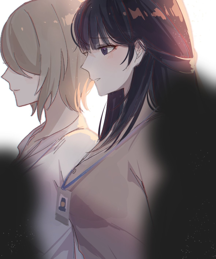 2girls, alternate_costume, alternate_universe, black_hair, brown_hair, closed_mouth, commentary, highres