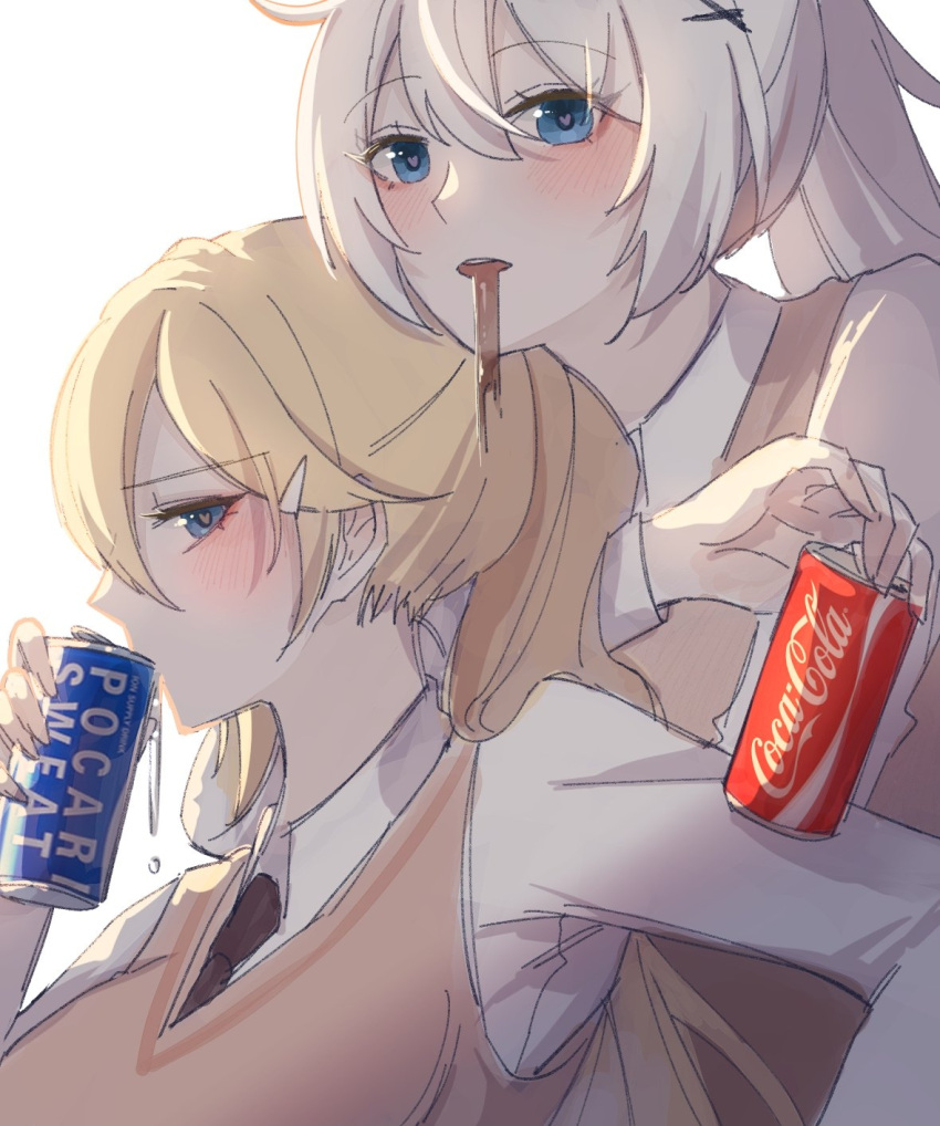 2girls, alternate_costume, alternate_universe, blonde_hair, blue_eyes, can, coca-cola, commentary