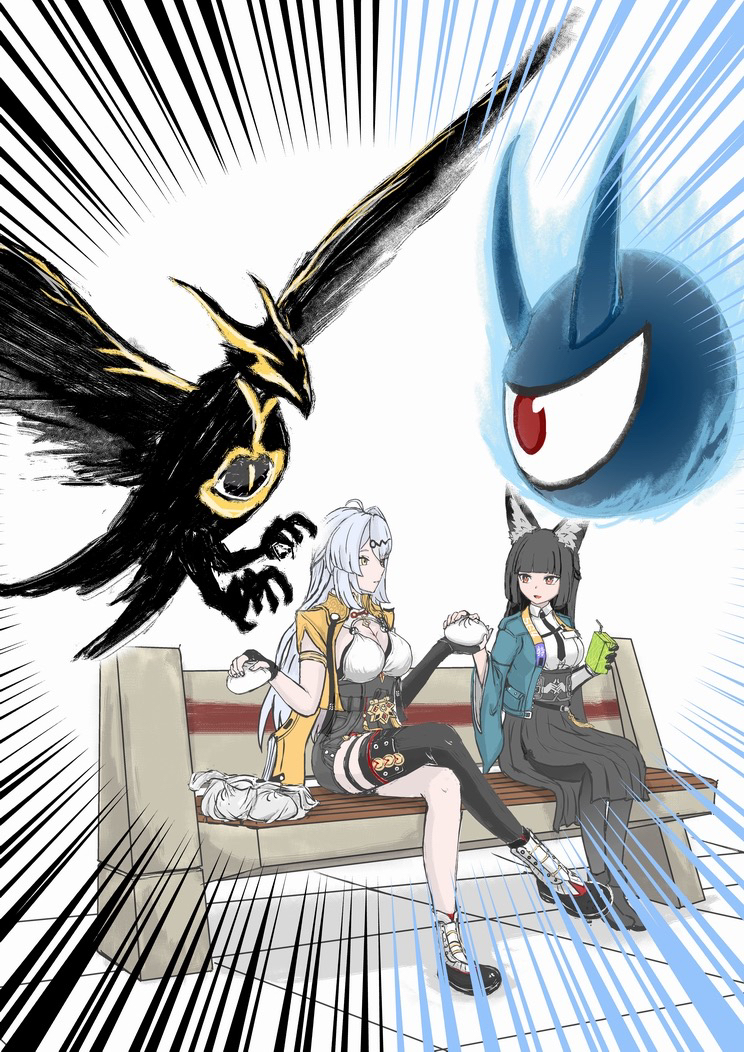2girls, animal_ear_fluff, animal_ears, aqua_jacket, asymmetrical_gloves, bird, black_bird, black_gloves, black_hair, black_necktie, black_pantyhose, black_skirt, blunt_bangs, breasts, collared_shirt, crossed_legs, elbow_gloves, eyeball, food, fox_ears, fox_girl, gloves, hayao_(haon1438), high-waist_shorts, high-waist_skirt, hoshimi_miyabi, jacket, large_breasts, long_hair, looking_at_another, multiple_girls, necktie, pantyhose, red_eyes, shirt, shorts, single_elbow_glove, single_hair_intake, single_thighhigh, sitting, skirt, steamed_bun, tailless_(zenless_zone_zero), thigh-highs, uneven_gloves, white_hair, white_shirt, yellow_eyes, yellow_jacket, yin_yang_pin, yixuan_(zenless_zone_zero), zenless_zone_zero