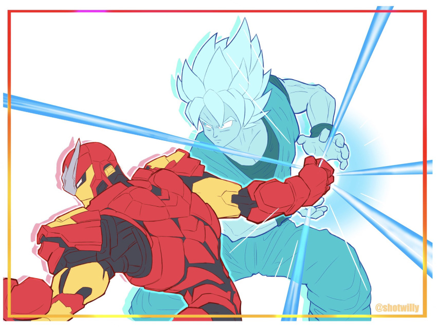 2boys, arc_system_works, armor, clenched_hand, company_connection, cowboy_shot, crossover, dougi, dragon_ball, dragon_ball_fighterz, helmet, highres, iron_man, iron_man_(series), kamehameha_(dragon_ball), marvel, marvel_tokon:_fighting_souls, medium_hair, multiple_boys, power_armor, powering_up, red_armor, red_helmet, shotwilly, simple_background, son_goku, spiky_hair, super_saiyan, white_background