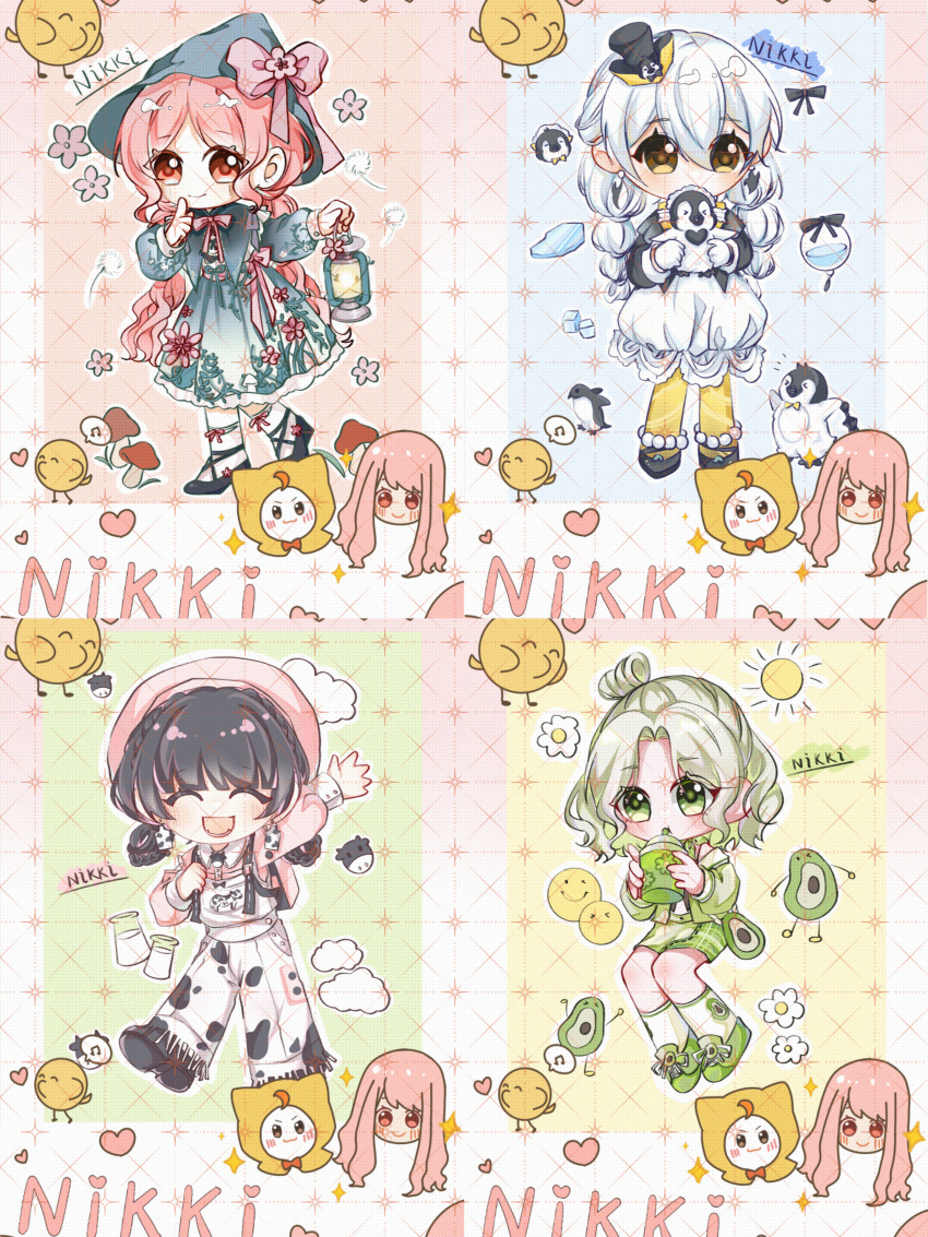 5girls, ^_^, absurdres, animal, animal_print, anklet, arm_up, avocado, avocado_hustle_(shining_nikki), baby_penguin, back, bare_shoulders, bead_anklet, beads, beret, bird, black_boots, black_hair, black_hat, black_jacket, black_shoes, blonde_hair, blue_capelet, blue_dress, blue_hat, blunt_bangs, boots, bow, bow_legwear, bowtie, brown_eyes, bubble_skirt, capelet, cat, chibi, chinese_commentary, closed_eyes, closed_mouth, clouds, collared_shirt, commentary_request, copyright_name, covered_mouth, cow, cow_print, cross-laced_shoes, cup, denim, disposable_cup, dress, drink, drinking, drinking_straw, eyelashes, finger_to_cheek, floral_print, flower, food_print, frilled_dress, frills, fringe_trim, gifty_(nikki), gloves, green_eyes, green_jacket, green_shirt, green_shoes, green_shorts, grey_hair, hair_between_eyes, hair_bun, happy, hat, hat_bow, hat_flower, head_only, heart, highres, holding, holding_animal, holding_drink, holding_lantern, jacket, jeans, jewelry, jianuannuannuan, kneehighs, knees, lace-trimmed_dress, lace_trim, lantern, leg_up, long_hair, long_sleeves, low_twintails, lower_teeth_only, magic_forest_(shining_nikki), marvelous_journey_(shining_nikki), medium_dress, medium_hair, mini_hat, mini_top_hat, momo_(nikki), moo_ranch_(shining_nikki), multicolored_hair, multiple_girls, mushroom, musical_note, nikki_(nikki), nikki_(series), outline, pants, pantyhose, penguin, pink_bag, pink_bow, pink_bowtie, pink_flower, pink_hair, pink_hat, pink_shirt, plaid_clothes, plaid_shorts, pleated_dress, procreate_(medium), puffy_long_sleeves, puffy_sleeves, red_shirt, shining_nikki, shirt, shoes, short_dress, short_hair, short_twintails, shorts, single_hair_bun, sitting, skirt, sleeping_forest_(shining_nikki), smile, sneakers, socks, spoken_musical_note, streaked_hair, sun, teeth, top_hat, twintails, two-tone_hair, very_long_hair, vest, watermark, watermark_grid, wavy_hair, white_cat, white_dress, white_flower, white_gloves, white_hair, white_outline, white_pants, white_sleeve_cuffs, white_socks, white_vest, witch_hat, yellow_eyes, yellow_pantyhose
