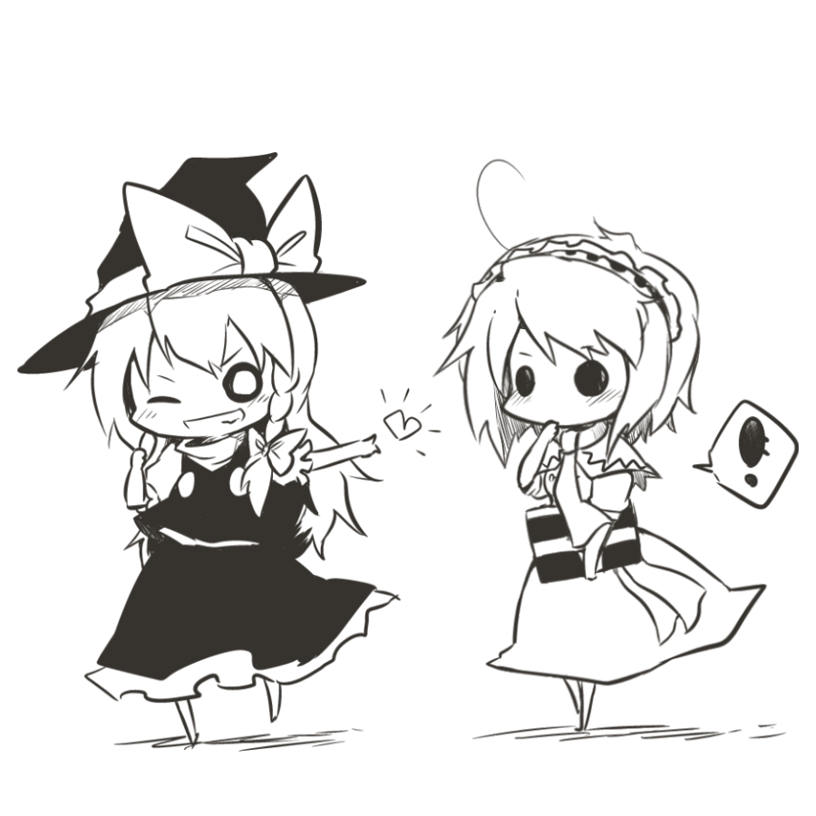 2girls, ahoge, alice_margatroid, book, braid, capelet, chibi, grin