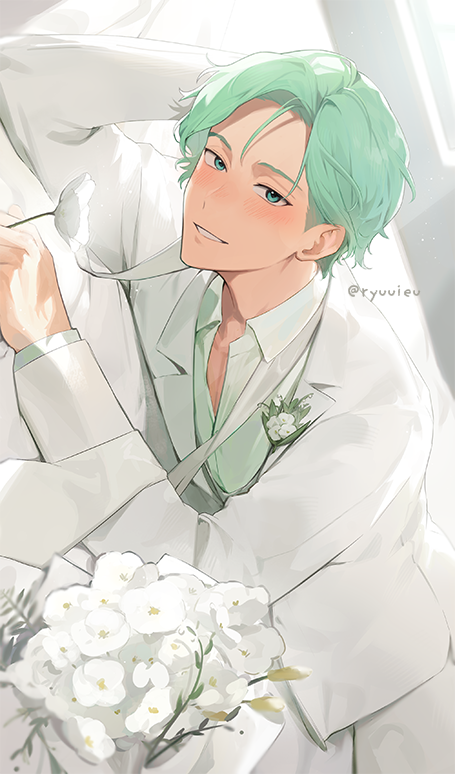 1boy, :d, blush, bouquet, coat, collarbone_peek, cove_holden, flower