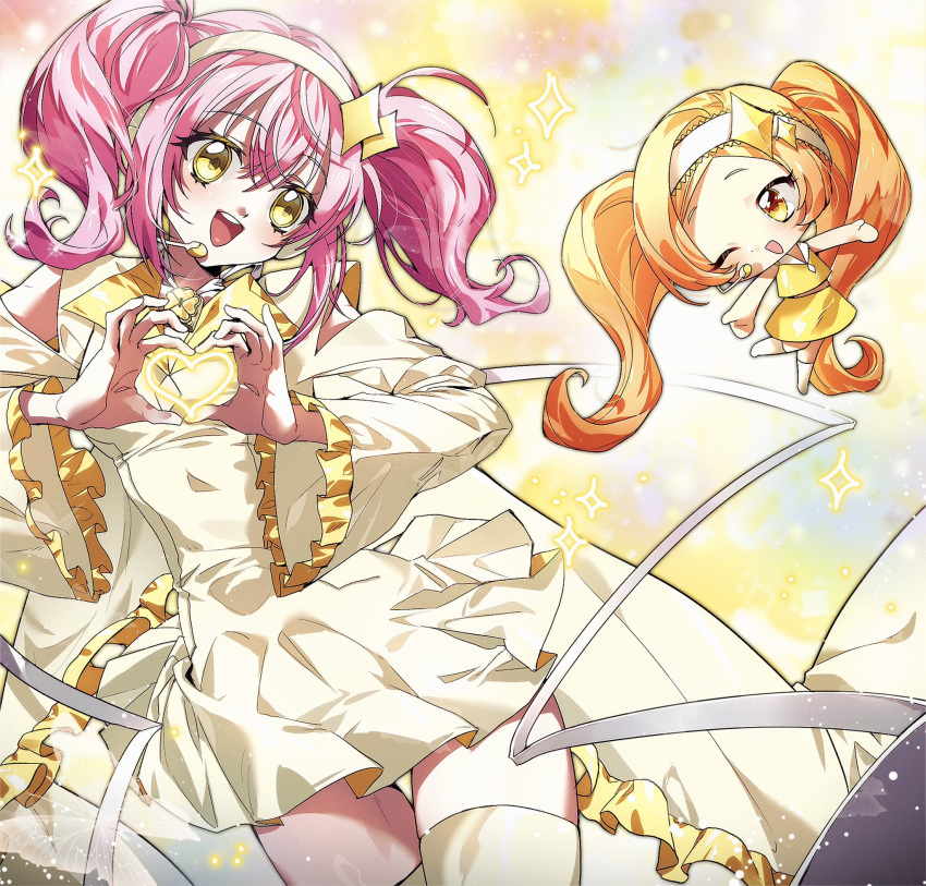 2girls, absurdly_long_hair, amulet_dia, bare_arms, bare_shoulders, boots, brown_hair, chibi