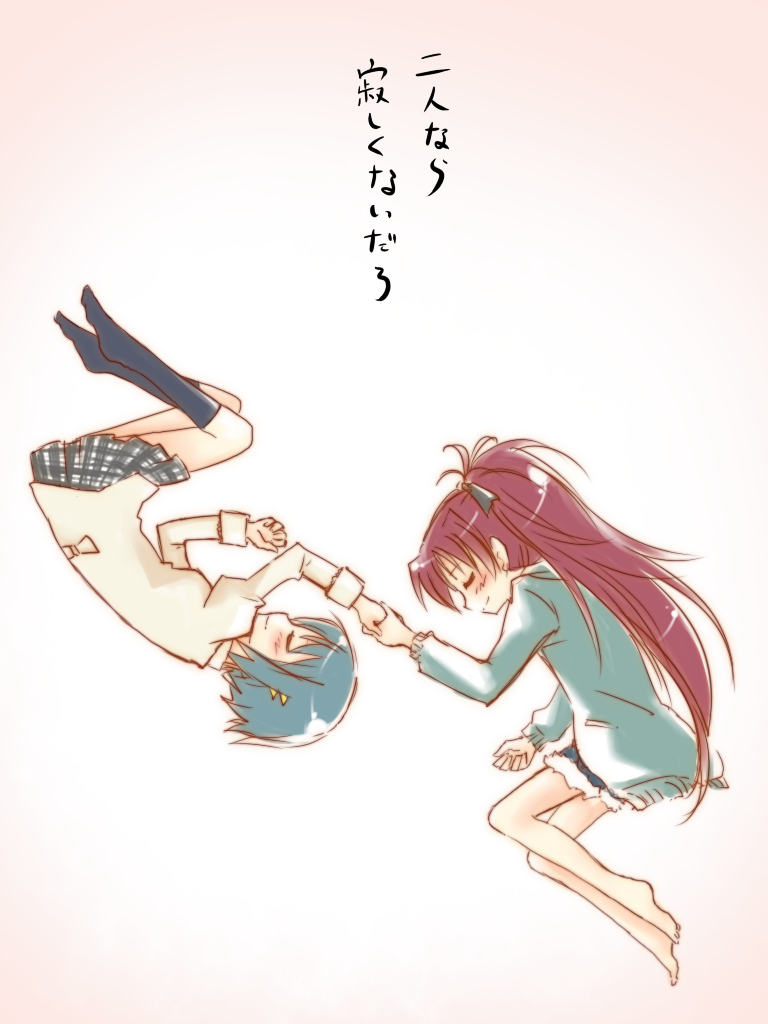 blue_hair, hana_azuki, hand_holding, holding_hands, long_hair, mahou_shoujo_madoka_magica, miki_sayaka, multiple_girls