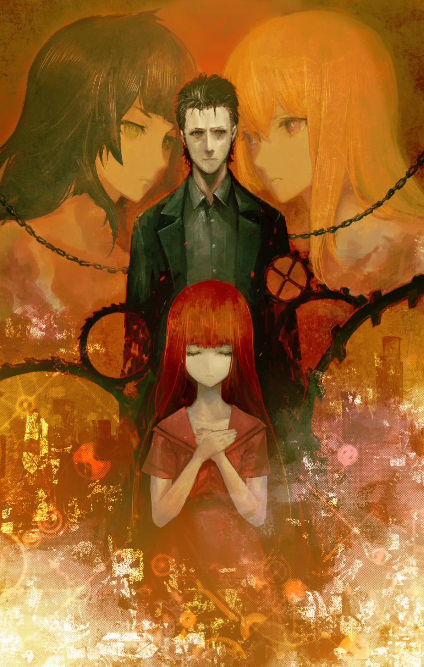 1boy, 3girls, absurdres, aged_down, akihabara_(tokyo), beard_stubble, black_jacket, black_shirt, brown_eyes, brown_hair, buttons, child, closed_eyes, collarbone, collared_shirt, dress, facial_hair, frown, game_cg, gears, green_eyes, green_hair, hands_on_own_chest, highres, hiyajou_maho, huke, jacket, lapels, makise_kurisu, messy_hair, multiple_girls, non-web_source, notched_lapels, official_art, okabe_rintarou, okabe_rintarou_(beta), red_dress, red_hair, ringed_eyes, sad, shiina_kagari, shirt, short_hair, short_sleeves, square_pupils, standing, steins;gate, steins;gate_0, stubble, violet_eyes