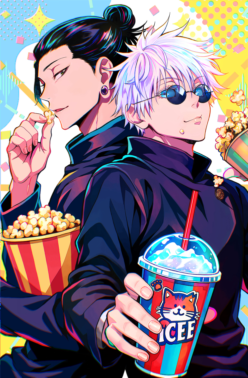 2boys, back-to-back, between_fingers, black_hair, black_jacket, blue_eyes, bucket, closed_mouth, collared_jacket, colored_eyelashes, colorful_background, commentary_request, cup, drinking_straw, earrings, fingernails, food, food_on_face, getou_suguru, gojou_satoru, hair_between_eyes, hair_bun, hair_pulled_back, hand_up, high_collar, highres, holding, holding_cup, holding_food, icee, jacket, jewelry, jujutsu_kaisen, jujutsu_tech_uniform, long_sleeves, looking_at_viewer, looking_to_the_side, male_focus, multiple_boys, open_mouth, plug_(piercing), popcorn, round_eyewear, shibakawaiiii, short_hair, single_hair_bun, slushie, stud_earrings, sunglasses, very_short_hair, white_eyelashes, yellow_eyes