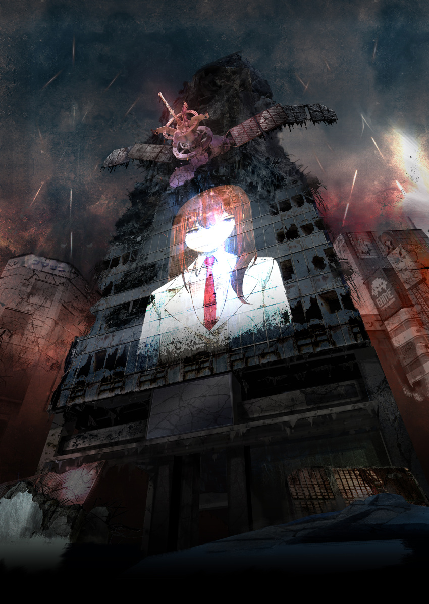 1girl, absurdres, akihabara_(tokyo), breasts, brown_hair, building, clouds, cloudy_sky