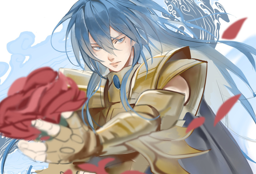 1boy, armor, blue_eyes, blue_hair, expressionless, flower, gold_armor, gold_cloth