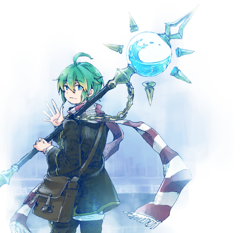 1boy, ahoge, another_eden, bag, blonde_hair, blue_eyes, brown_bag, brown_jacket