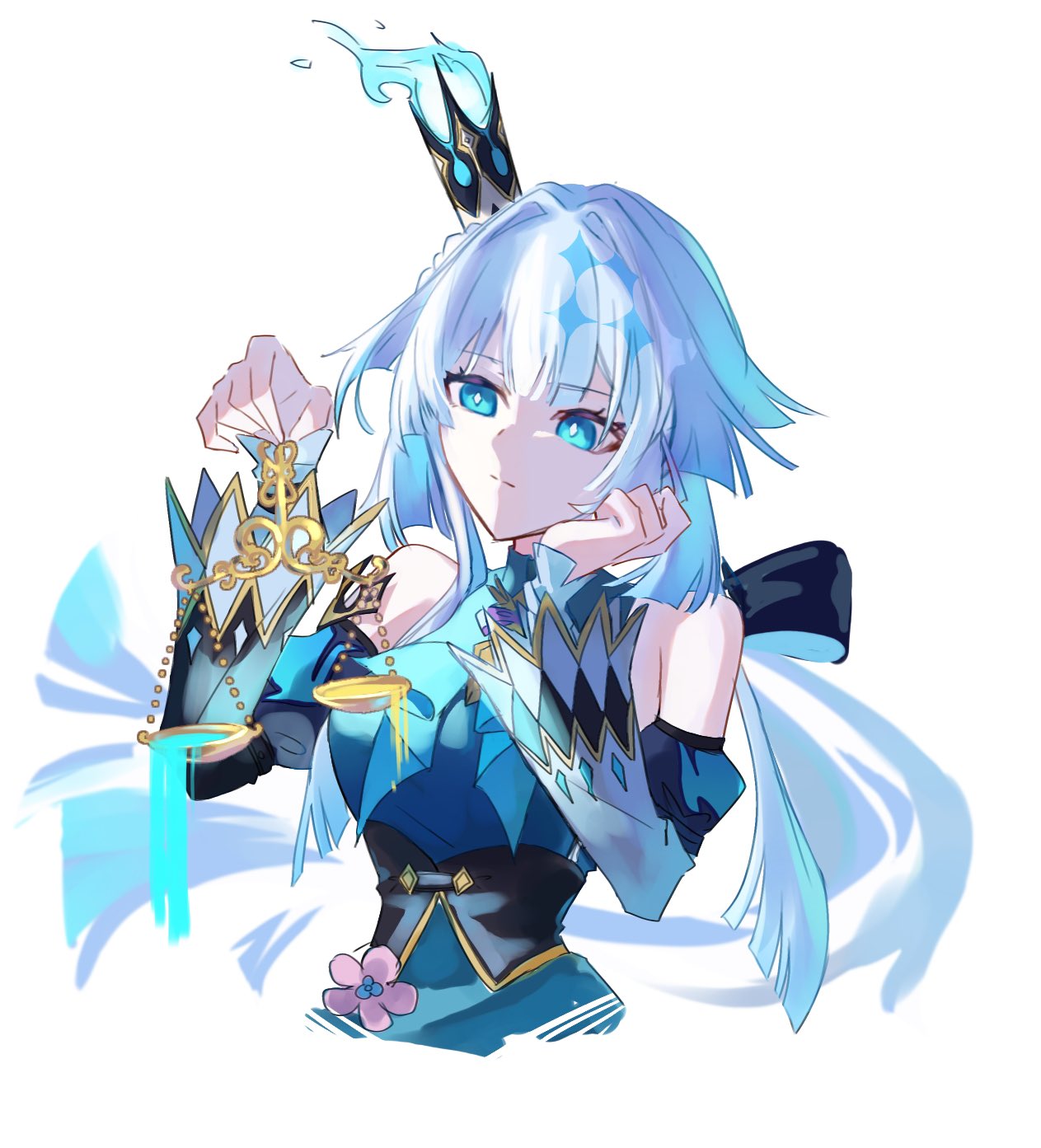 1girl, blue_dress, blue_eyes, blue_hair, cerydra_(honkai:_star_rail), closed_mouth, commentary_request, cropped_torso, crown, detached_sleeves, dress, highres, holding, holding_crown, honkai:_star_rail, honkai_(series), koyuki_kon9, long_hair, mini_crown, simple_background, solo, white_background