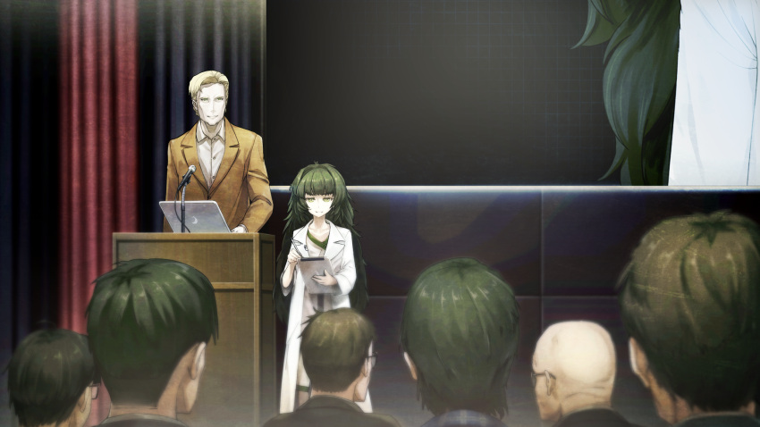 1boy, 1girl, 6+others, alexis_leskinen, artificial_intelligence, bald, blonde_hair, blunt_bangs