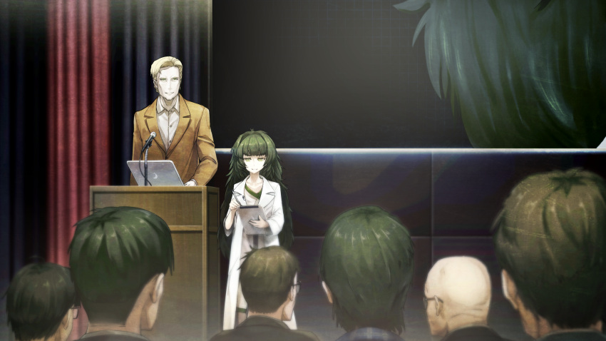 1boy, 1girl, 6+others, alexis_leskinen, artificial_intelligence, bald, blonde_hair, blunt_bangs