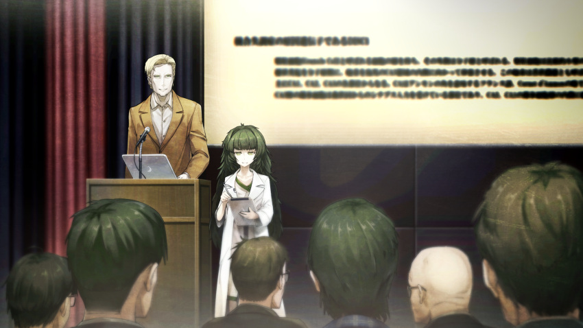 1boy, 1girl, 6+others, alexis_leskinen, bald, blonde_hair, blunt_bangs, brown_jacket