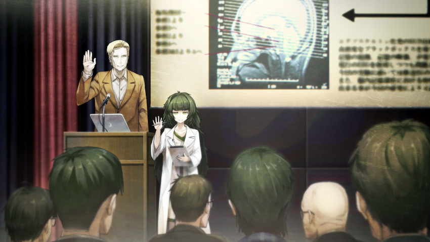 1boy, 1girl, 6+others, alexis_leskinen, bald, blonde_hair, blunt_bangs, brown_jacket