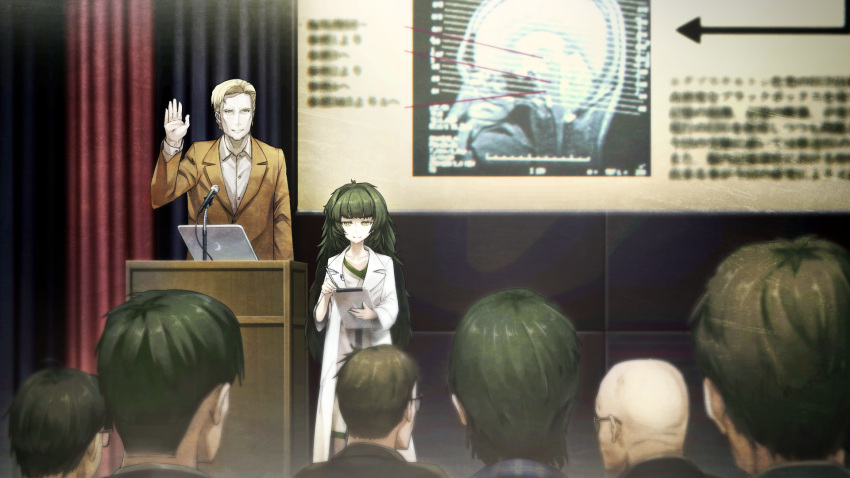 1boy, 1girl, 6+others, alexis_leskinen, bald, blonde_hair, blunt_bangs, brown_jacket