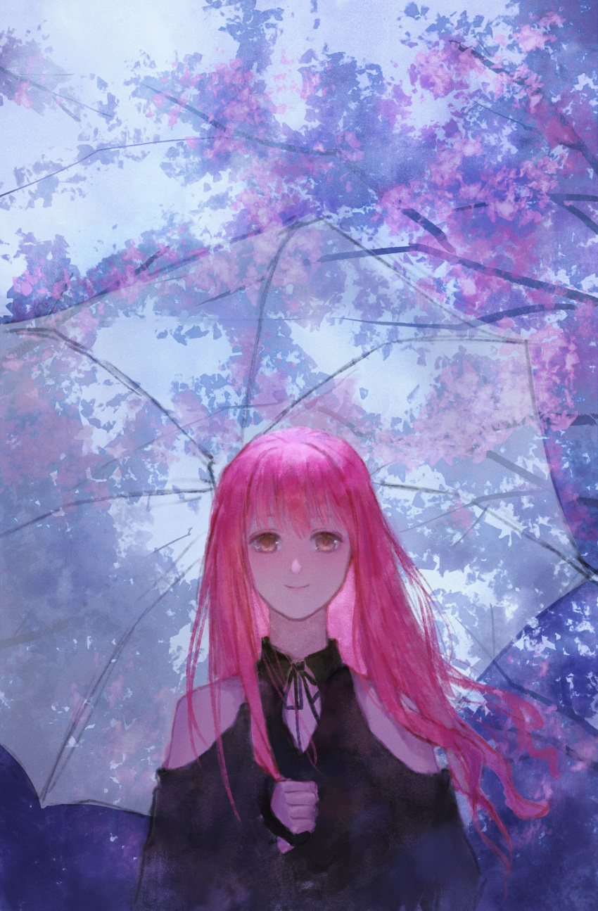 1girl, absurdres, bare_shoulders, black_ribbon, black_shirt, brown_eyes, cherry_blossoms, chinese_commentary