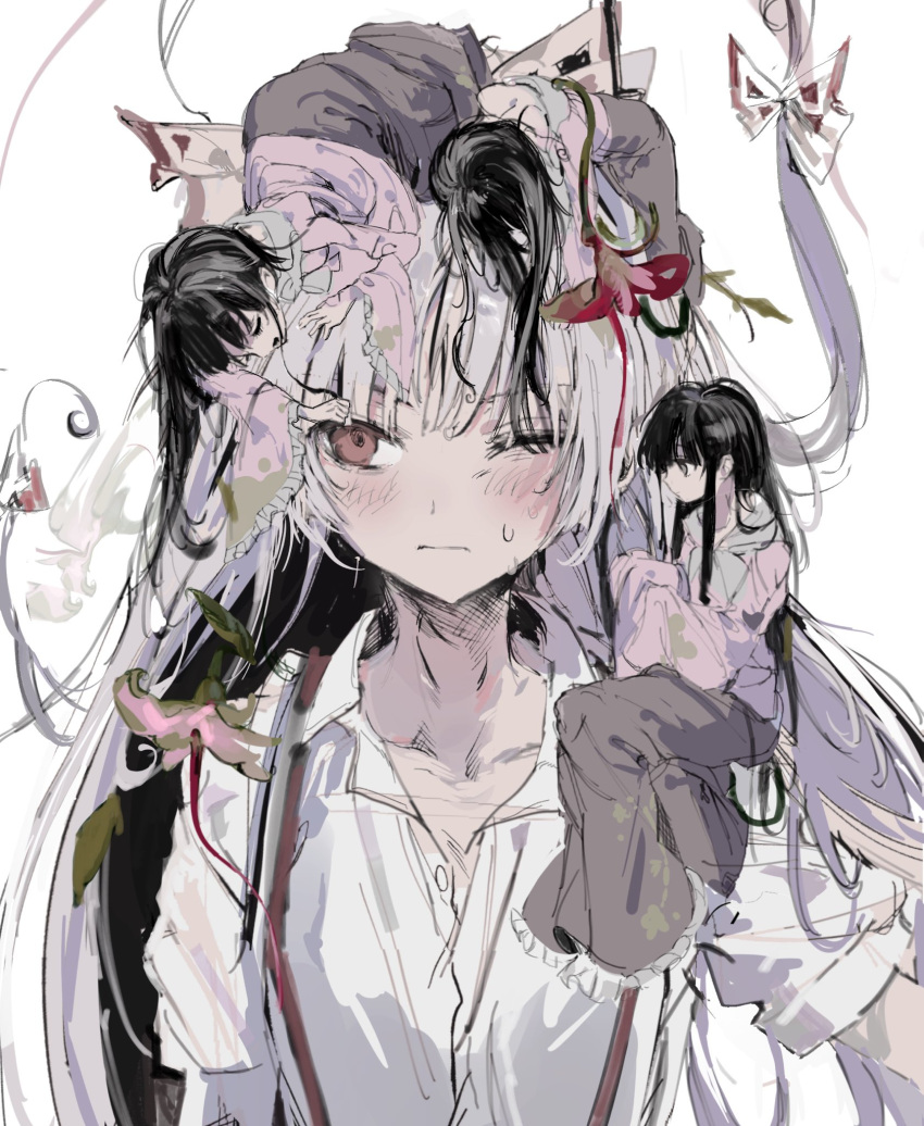 black_hair, blush, bow, closed_mouth, frills, fujiwara_no_mokou, full_body, grey_skirt
