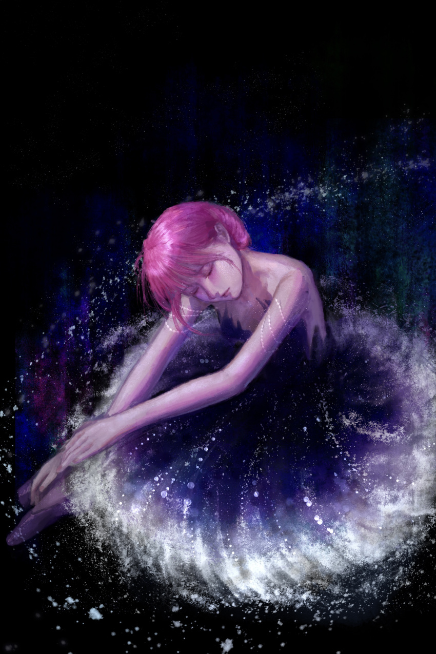 1girl, absurdres, ballerina, ballet_slippers, bare_arms, bare_shoulders, bead_armlet, black_background, blue_dress, circle_skirt, closed_eyes, closed_mouth, dress, feather-trimmed_dress, full_body, hair_bun, head_tilt, highres, leaning_forward, light_blush, lipstick, makeup, nikki_(nikki), nikki_(series), pink_hair, pink_lips, purple_shoes, sea0, shining_nikki, shoes, short_dress, short_hair, single_hair_bun, sitting, solo, strapless, strapless_dress, updo